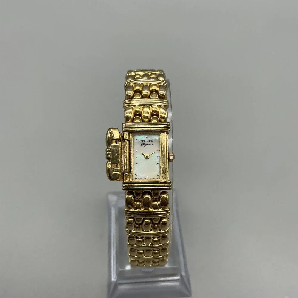 Vtg Citizen Elegance Womens Watch 14mm MOP Gold Tone Hidden Dial New Battery